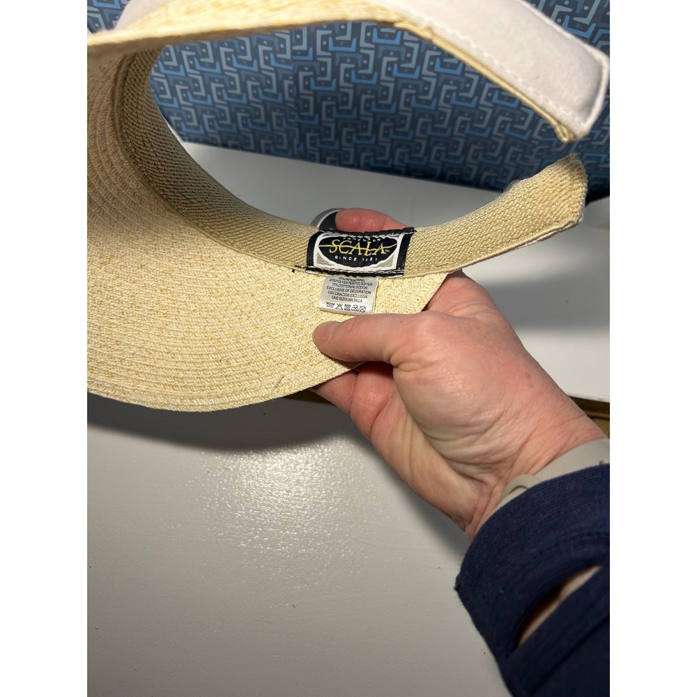 Scala Handmade Paper Straw Visor Tan White Clip On Sun Hat One Size NWT - Picture 4 of 10